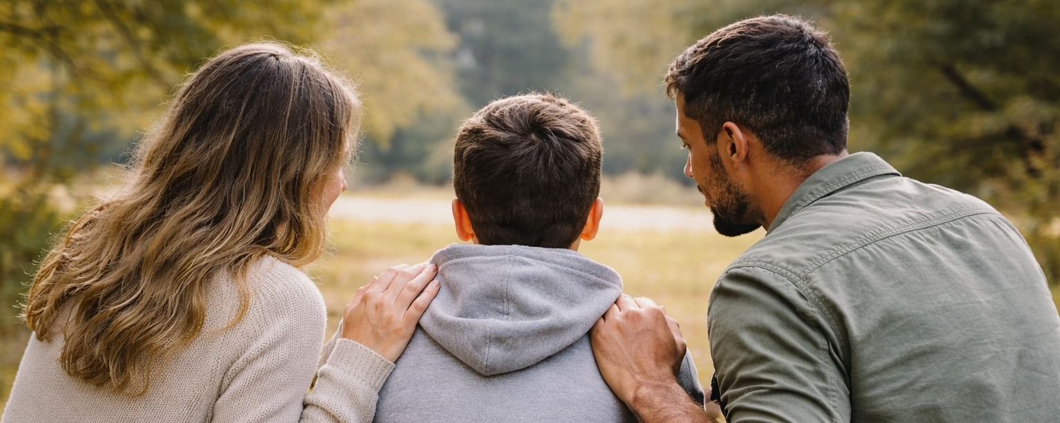 Familia acompañando a un adolescente en un entorno natural como imagen de apoyo, escucha y orientación ante el malestar emocional.