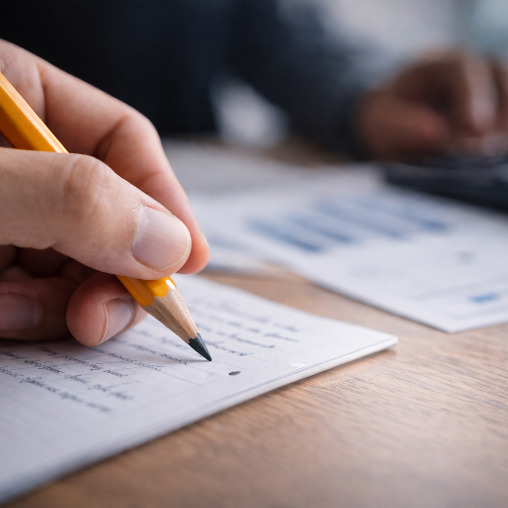 Mano escribiendo en una libreta como símbolo de formación especializada, criterio y trabajo basado en evidencia.