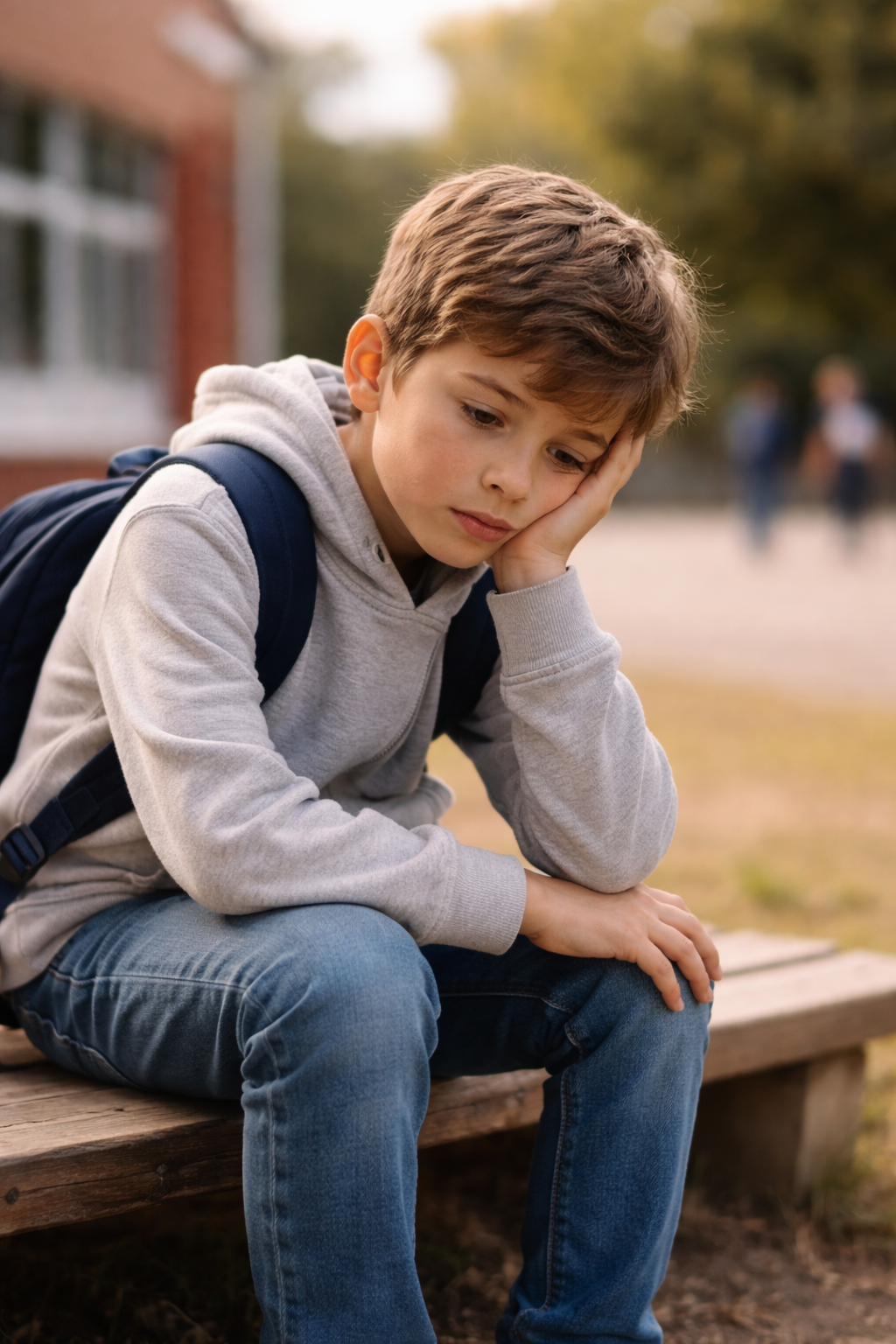 Adolescente sentado con gesto preocupado en un entorno escolar, representando señales de alerta y malestar emocional.