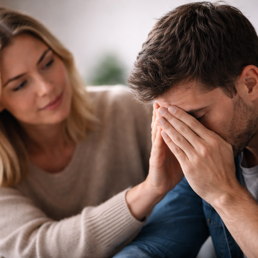 Escena de apoyo emocional entre dos personas que representa escucha, cercanía y acompañamiento sin juicio.