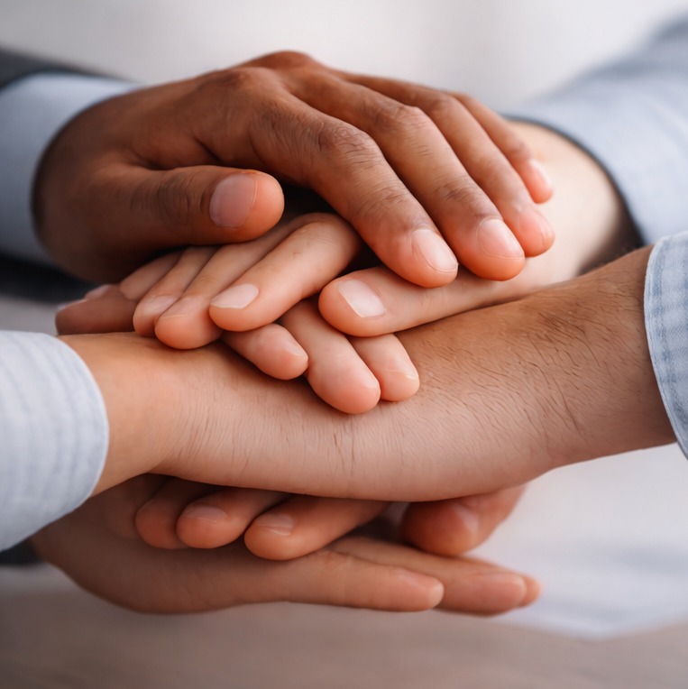 Varias manos unidas que representan coordinación, colaboración y trabajo en red.